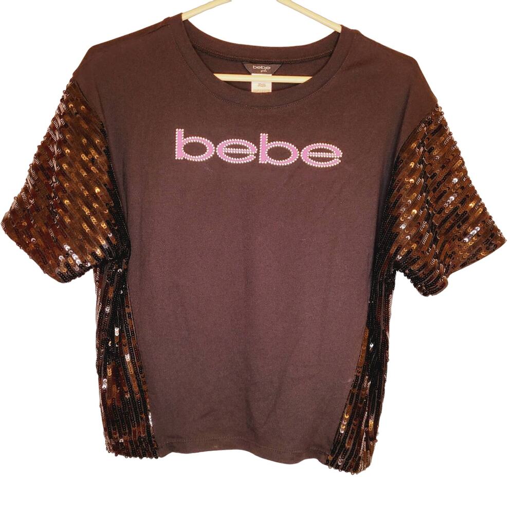 Bebe girls black sequin embellished spellout graphic short sleeved top